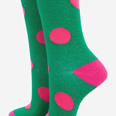 Calcetines de algodón con purpurina para mujer, lunares grandes, puño festoneado, verde y rosa