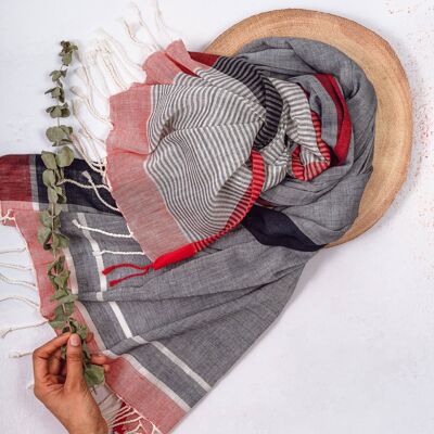 Rama - Schal aus Bio-Baumwolle mit grauen und roten Streifen