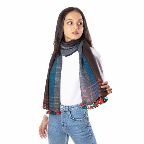 Two Tone cotton scarf green and blue pom pom