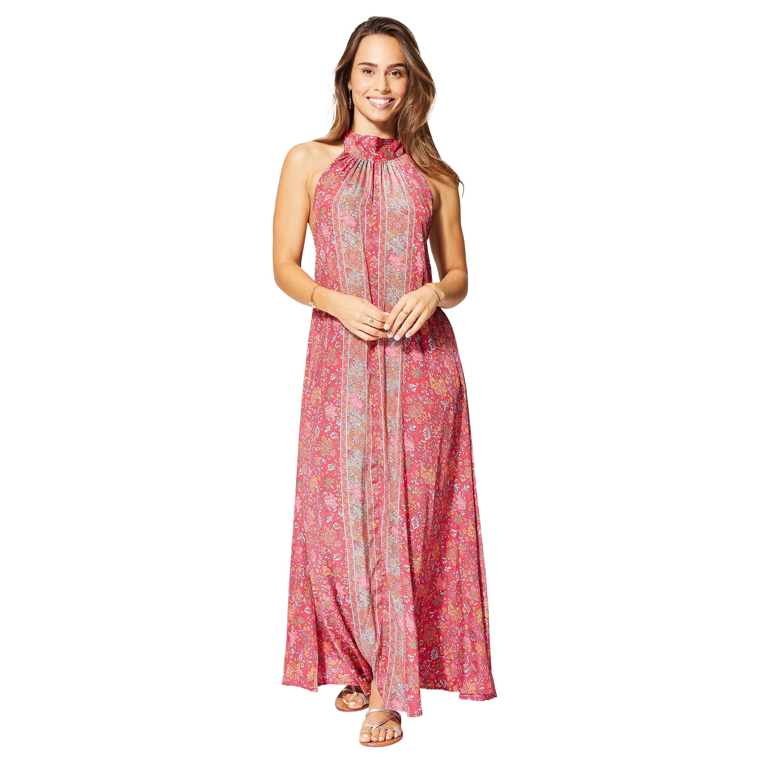 LANGES SOMMERKLEID MIT OFFENEM RÜCKEN UND RUNDHALSAUSSCHNITT ROSA MAXIPA0646A