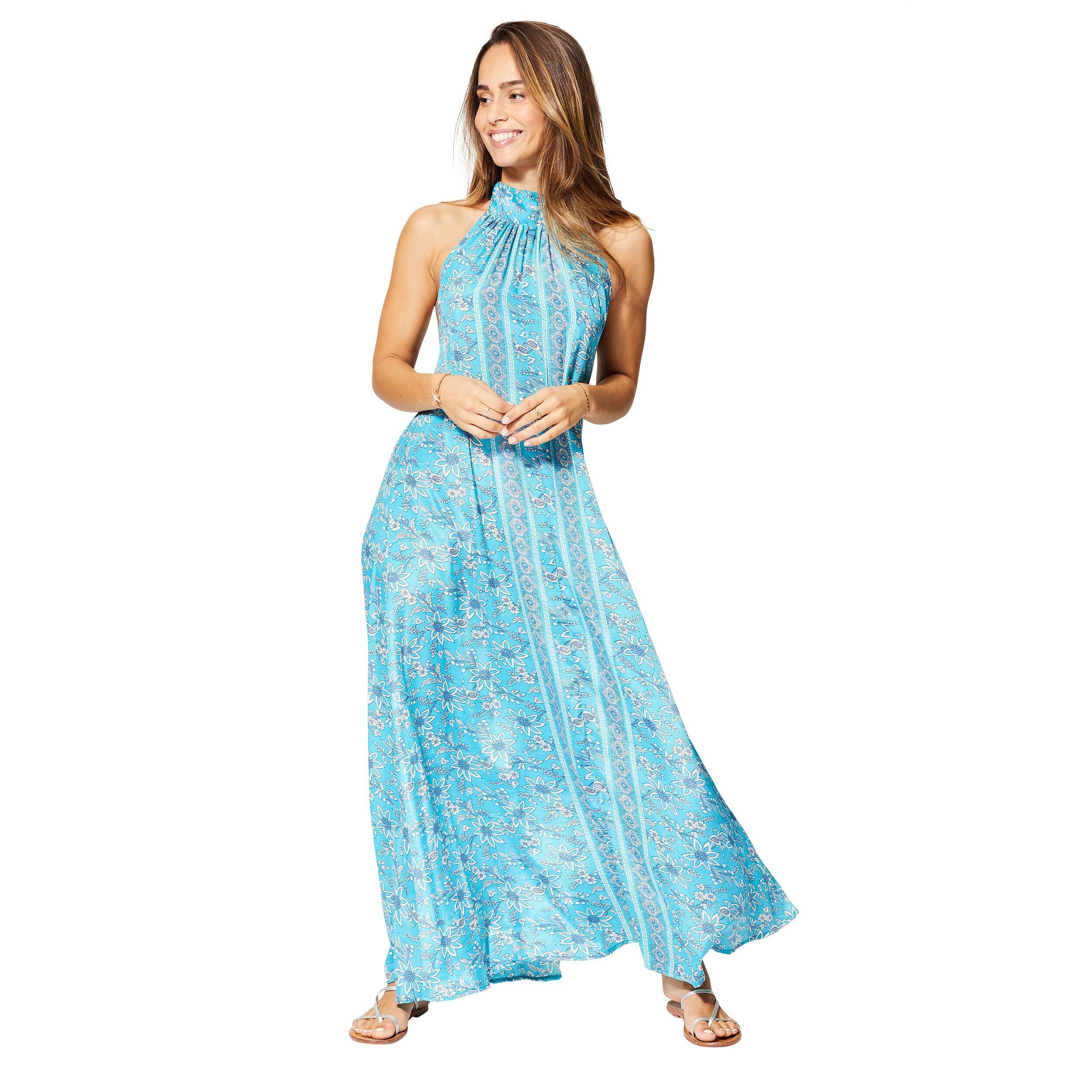 LANGES SOMMERKLEID MIT OFFENEM RÜCKEN UND RUNDHALSAUSSCHNITT BLAU MAXIPA0646B