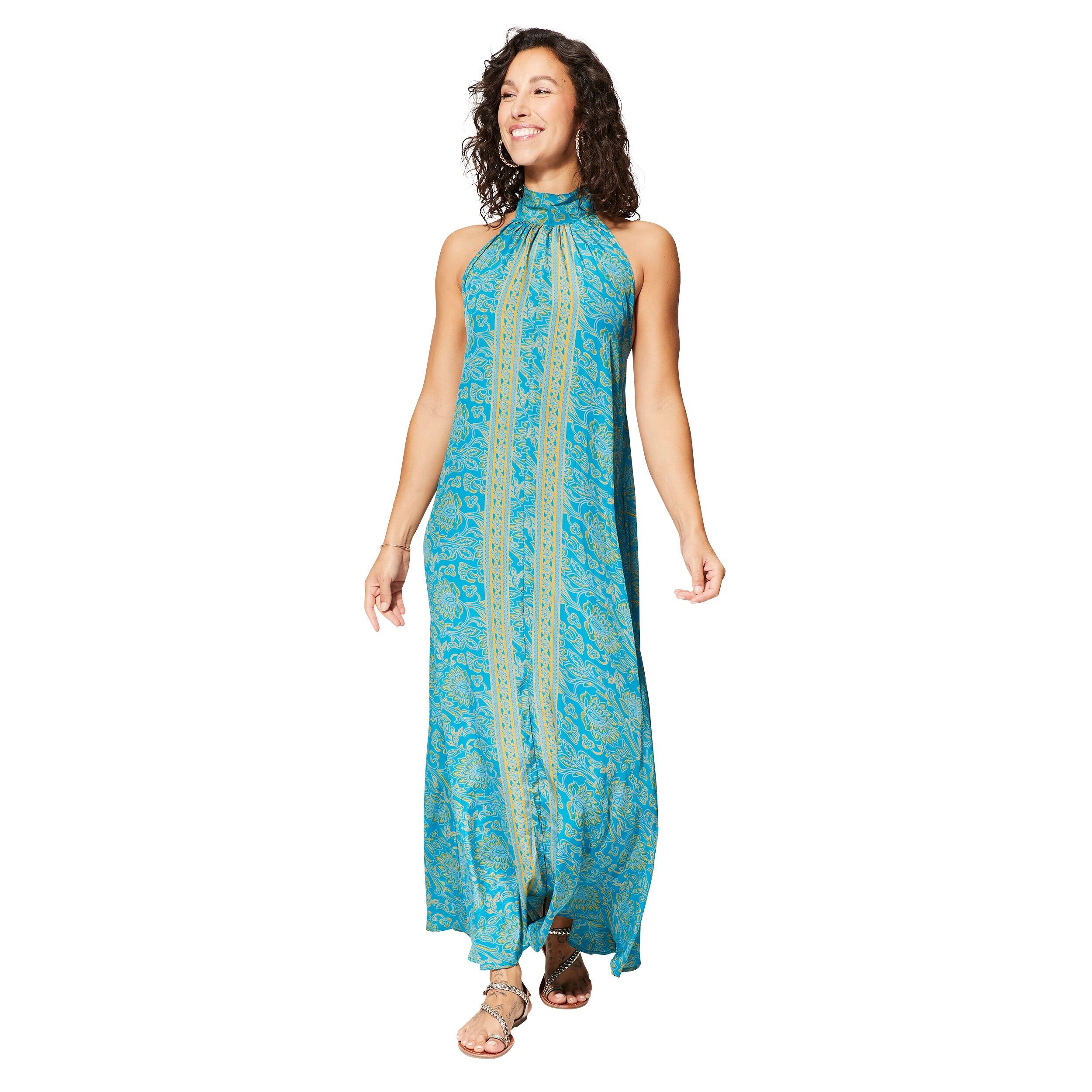 LANGES SOMMERKLEID MIT OFFENEM RÜCKEN UND RUNDHALSAUSSCHNITT BLAU GELB MAXIPA0646D