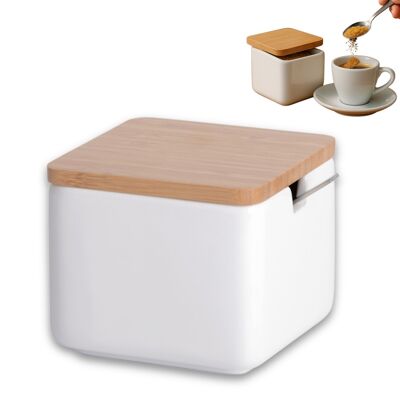 Sucrier en céramique avec couvercle en bois de bambou et cuillère en acier inoxydable - Idéal pour une utilisation comme sucrier et salière