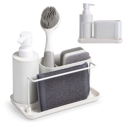 Matte White Plastic Kitchen Soap Dispenser - Sink Organizer with Scourer and Brush Compartment and Cloth Holder
