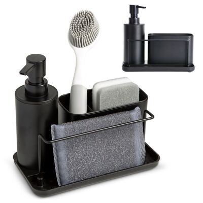 Distributore di sapone da cucina in plastica bianca opaca - Organizer per lavello con scomparto per paglietta e spazzola e porta panno