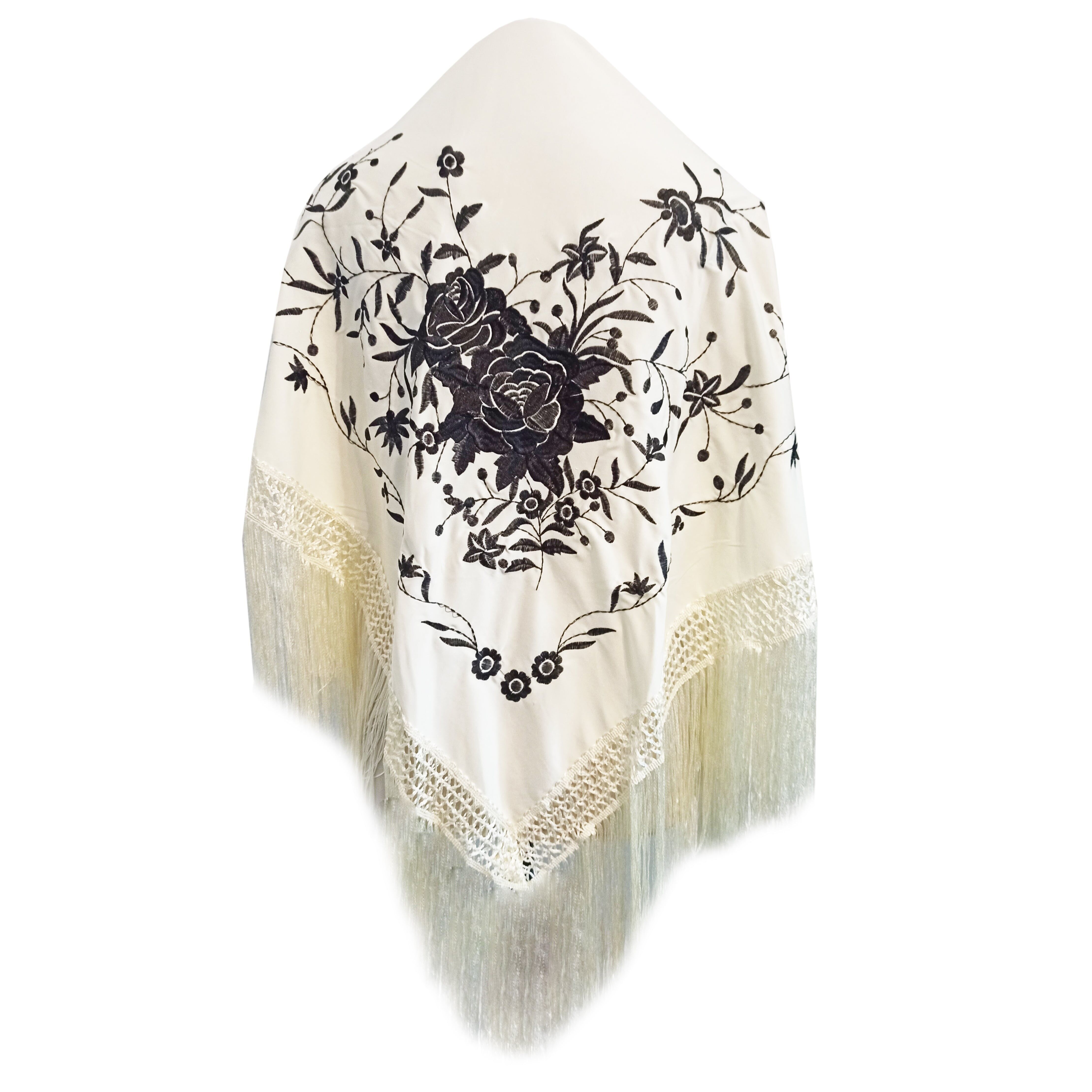 Grande scialle flamenco ricamato · Nero avorio (160 x 85 cm) ultime unità!