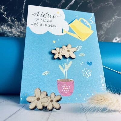 Carte illustrée avec pins en bois fleurs – "Merci de m'avoir aidé à grandir"