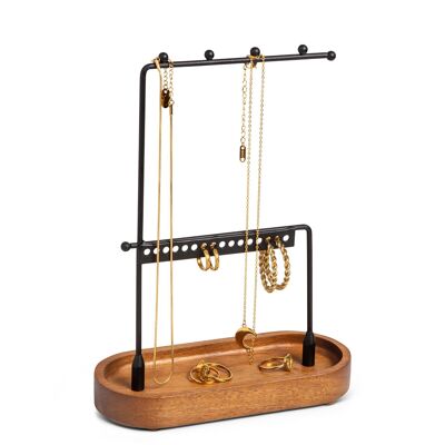 Organizador de Joyas - Joyero para Collares y Pendientes con Bandeja para Anillos y Bisutería - Metal Negro Mate y Madera de Acacia