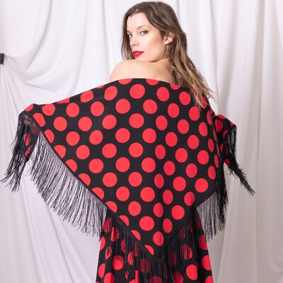 Scialle a pois o a grandi fiori, per adulti, con lunghe frange. Colore nero e rosso. Scialle sivigliano. Un dettaglio tipicamente flamenco che fa la differenza. Scegli quello che ti piace di più.