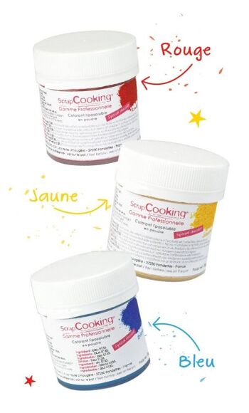 3 colorants liposolubles en poudre rouge, jaune, bleu 5