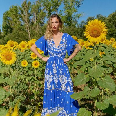 GRECIA AZUL VESTIDO LARGO CON MANGAS CORTAS