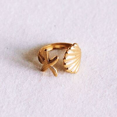 Anello aperto con stella marina e conchiglia