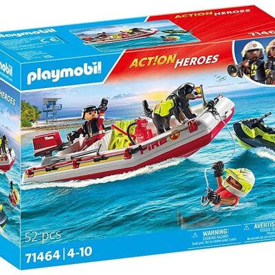 Playmobil 71464 Bombero - Figura de barco inflable con moto acuática - Juguetes para bebés y niños - A partir de 4 años