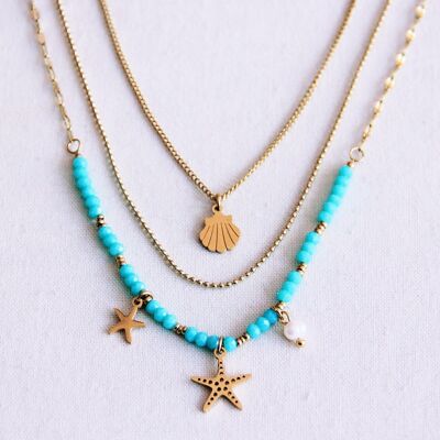 Cadena triple con estrella de mar - menta/oro