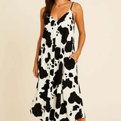VESTIDO DE VERANO CON ESTAMPADO DE VACA Y TIRANTES ACAMPANADOS