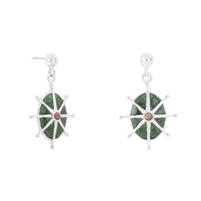 Orecchini a forma di stella a 8 punte in rodonite rosa e smalto verde, argento