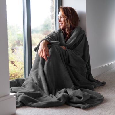 Coperta Deluxe Snug Rug Grigio Ardesia con Maniche, Tessuto in Pile Corallo Super Morbido e Accogliente, Tasca Lunga Oversize per Adulti