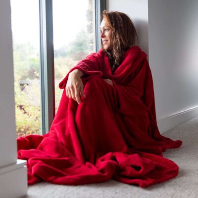 Coperta Deluxe Red Snug Rug con maniche, tessuto in pile corallo super morbido e accogliente, lunga tasca oversize per adulti