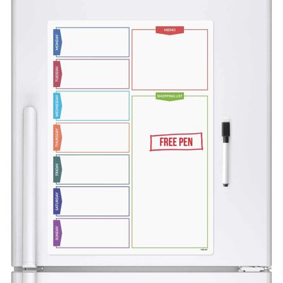 Planificador de nevera con lista de compras a color, pizarra magnética con marcador, planificador diario semanal A3