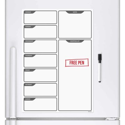 Planificador magnético para nevera en blanco y negro con marcador, tamaño A3, planificador semanal diario.