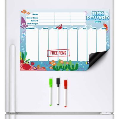 Tablas magnéticas de recompensas para el refrigerador para niños, tablero de comportamiento A3, criaturas del océano