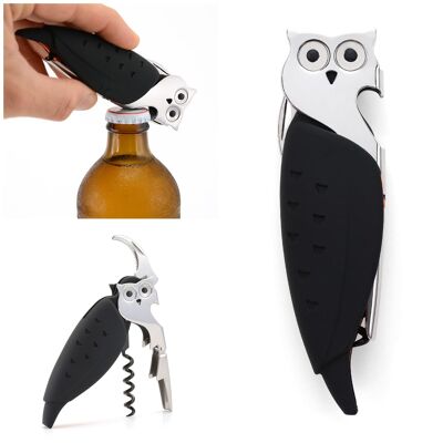 Ouvre-bouteille 3 en 1 en acier inoxydable en forme de hibou avec poignée en silicone noir, tire-bouchon professionnel pour serveurs et coupe-capsule