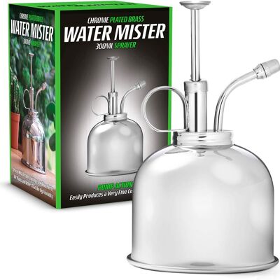Pulverizador de agua de metal vintage de latón cromado para plantas de jardín interior, botella de 300 ml