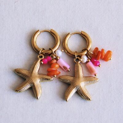 Boucle d'oreille avec grappe de pierres précieuses et étoile de mer