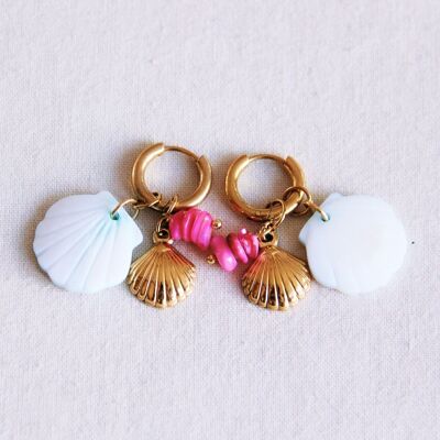 Boucles d'oreilles avec coquillages et pierres précieuses - bleu clair/fuchsia