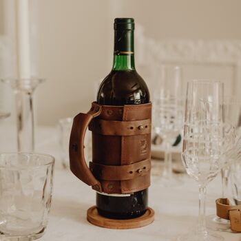 Porte-bouteille de vin Opplav Porte-bouteille en cuir. Adaptable à différentes largeurs de bouteilles et personnalisable. (Brun Selle) 2