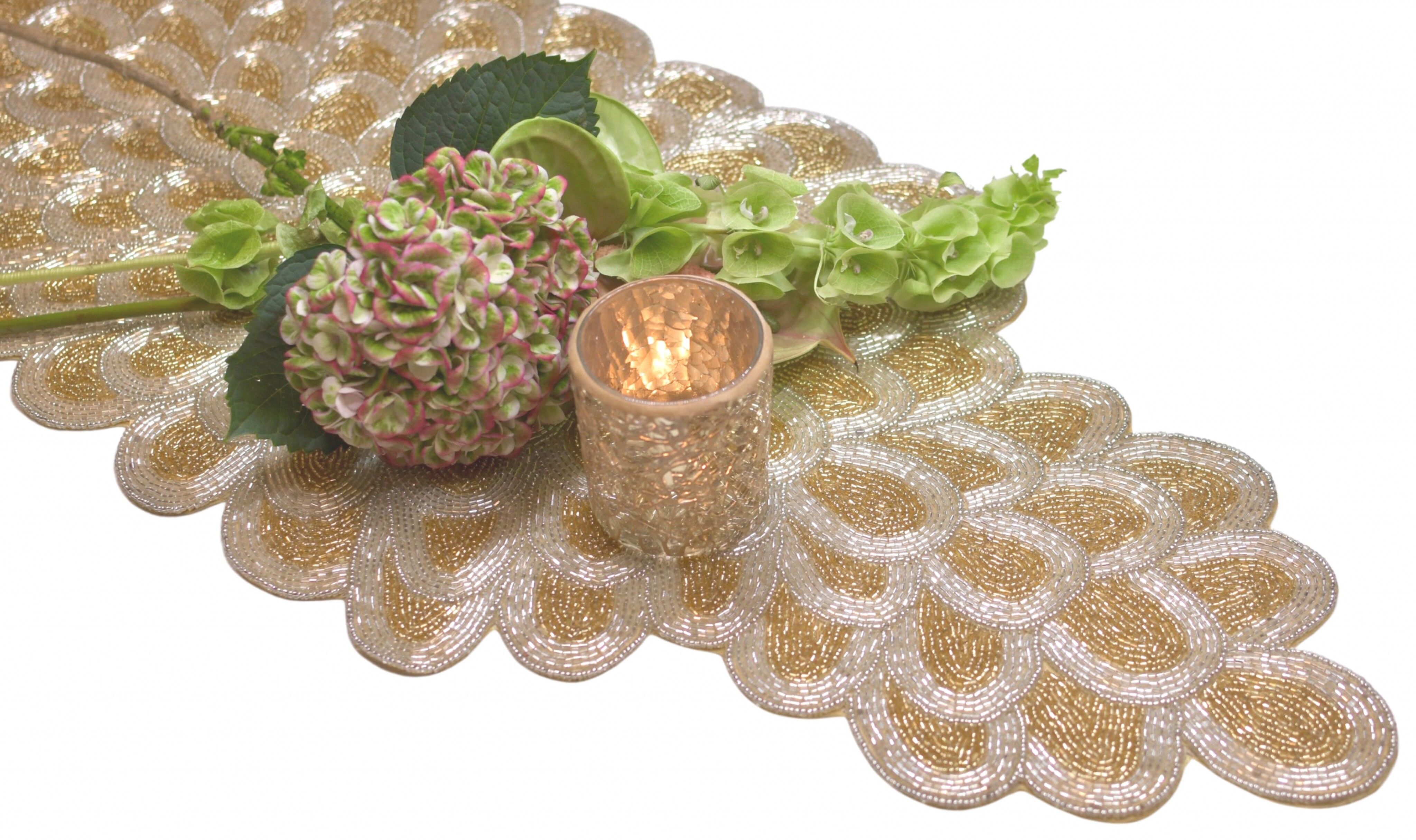 Runner da tavola con perline fatte a mano con petali dorati e argento - Confezione da 6