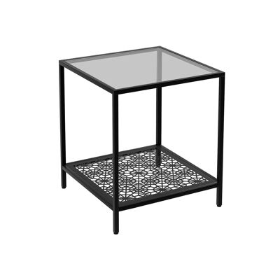 Pequeña mesa de cristal con motivo floral.