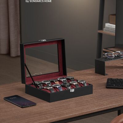 Caja para relojes con 10 compartimentos y tapa de cristal.