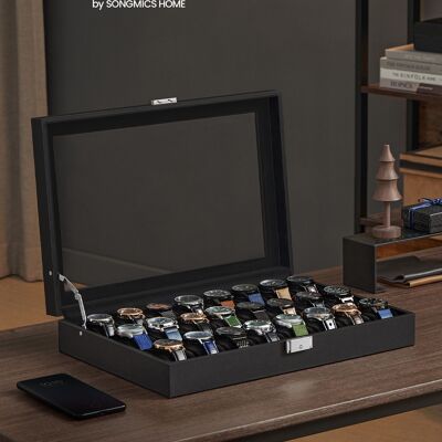 Coffret à montres verrouillable avec 24 compartiments, noir encre
