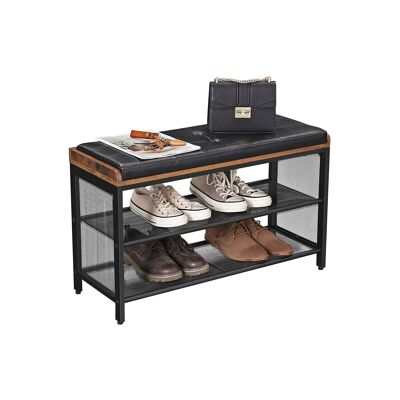 Banc à chaussures rembourré avec 2 étagères en filet