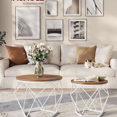 Ensemble de 2 tables basses avec plateau amovible, couleur miel brun-blanc nuage
