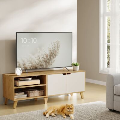 Mueble de TV de 140 cm de largo roble natural-blanco crema