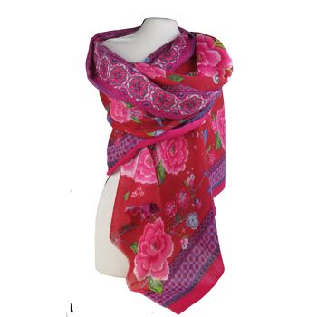 Etole foulard  en laine motif fleurs pivoines Caucase rouge 2