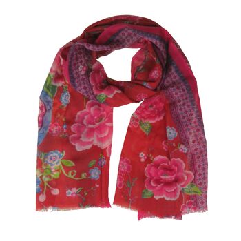Etole foulard  en laine motif fleurs pivoines Caucase rouge 3