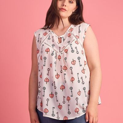Top blanco de talla grande con estampado de llaves (A956)