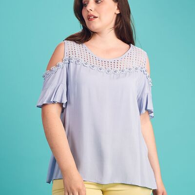 Top blu traforato con perle in taglie forti (A958)