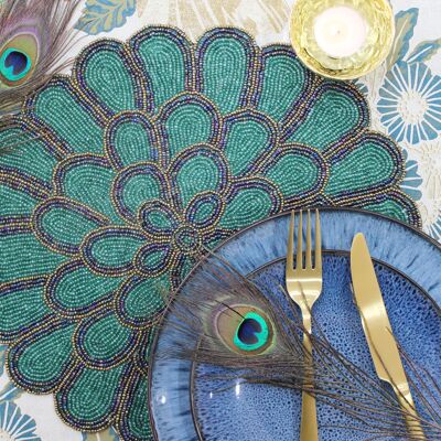Tovaglietta fatta a mano con perline fatte a mano con petali multicolori di pavone - Confezione da 8