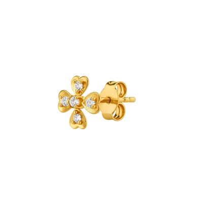 Orecchino singolo a forma di trifoglio con diamanti in oro massiccio 14k