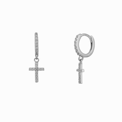 Boucles d'oreilles pendantes en argent sterling avec croix pavée Huggie