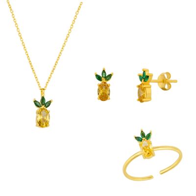 Conjunto de collar, anillo y pendientes de plata de ley con forma de piña