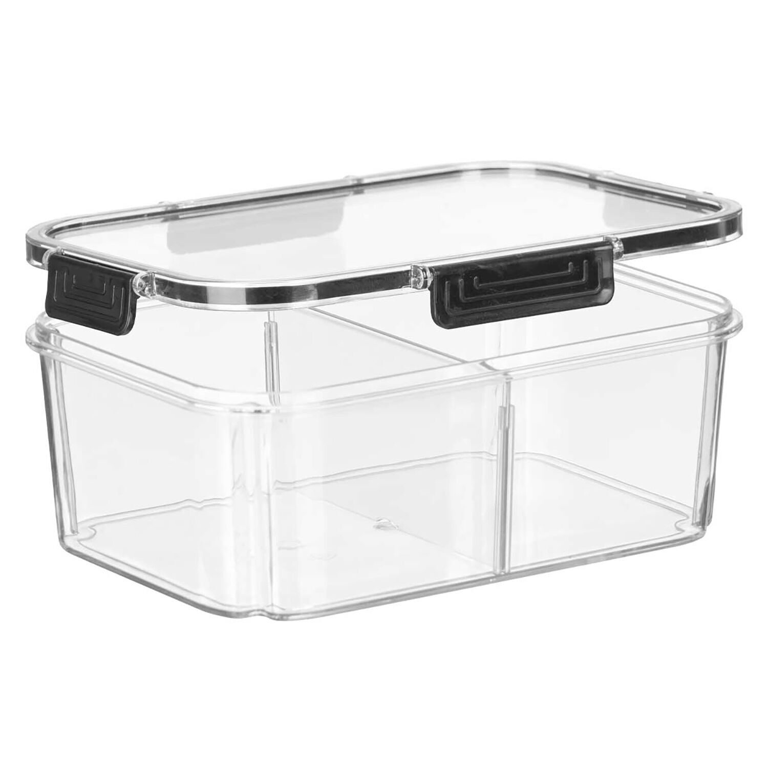 Schwarze, transparente, luftdichte Lunchbox mit herausnehmbarem Trennblatt. 2000 ml Fassungsvermögen. Farbe: Schwarz/Transparent