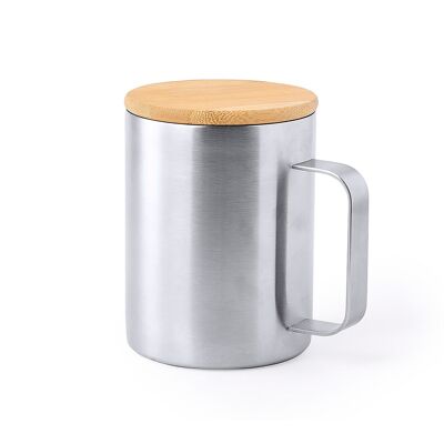 Mug isotherme double paroi, chaud/froid, acier inoxydable, 350 ml.Avec couvercle en bambou Couleur : Argent