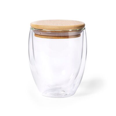 Vaso Térmico borosilicato dobre pared 250 ml.Con tapa bambú Color: Transparente