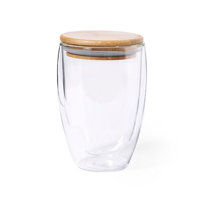 Vaso Térmico borosilicato dobre pared 350 ml.Con tapa bambú Color: Transparente