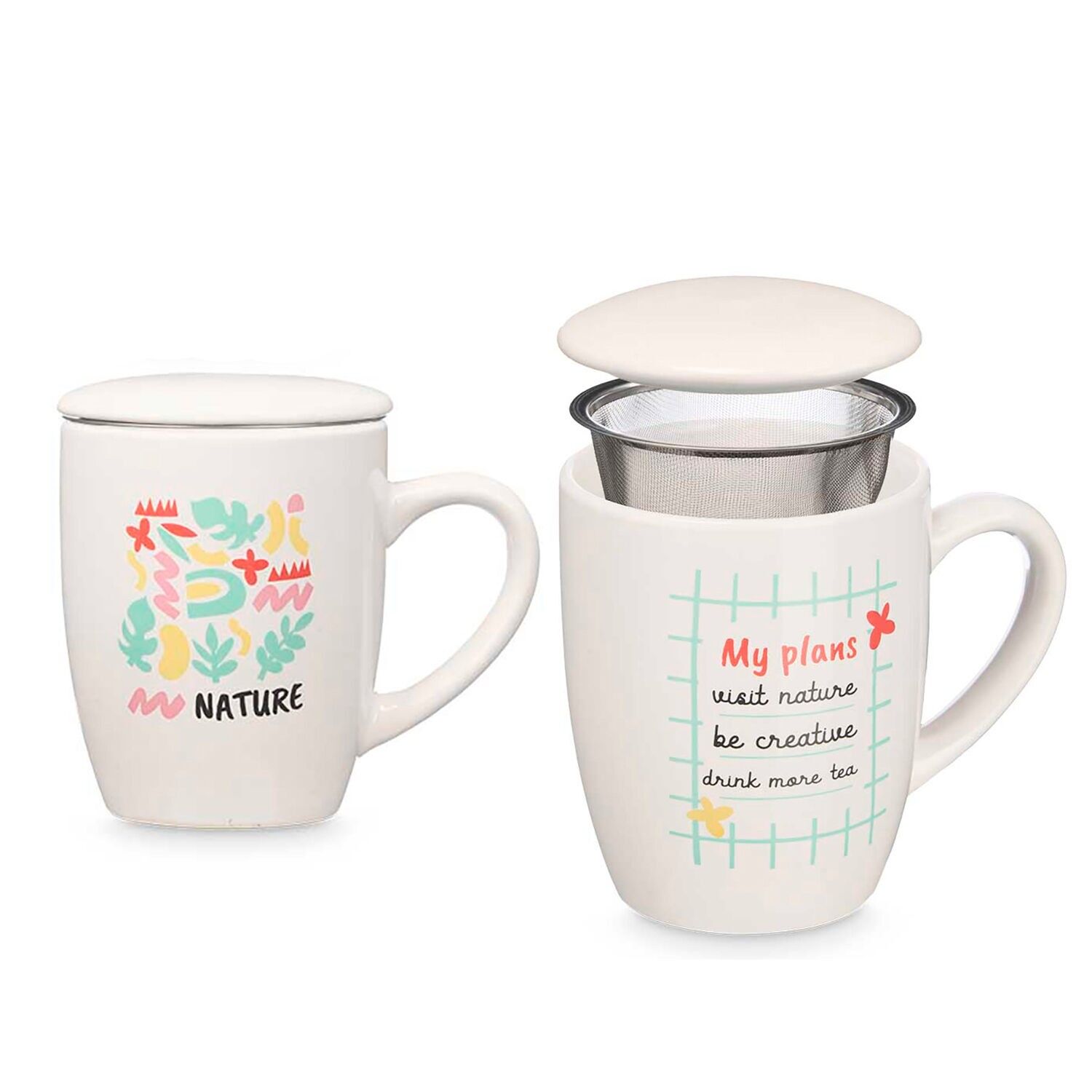 Set di 2 tazze in porcellana con design Nature. Capacità 340 ml. Assortimento di 2 modelli. Colore bianco